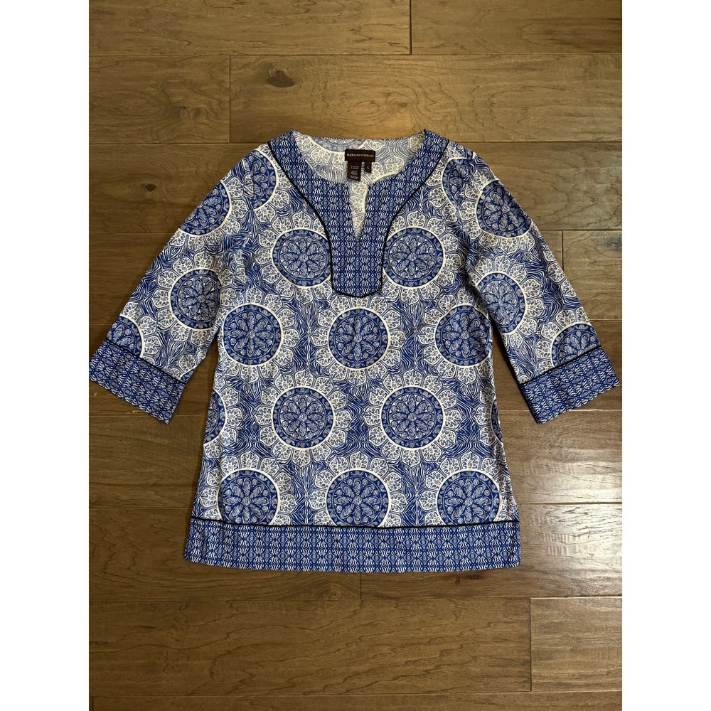 Dana Buchman Blue White Medallion Print Tunic Top Side Zip 3/4 Sleeve Size L